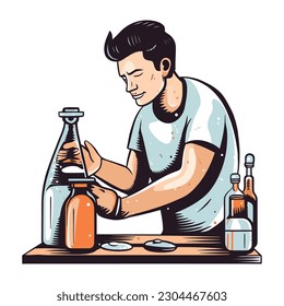 Ein Wissenschaftler lächelt, arbeitet mit Weinflaschensymbol einzeln