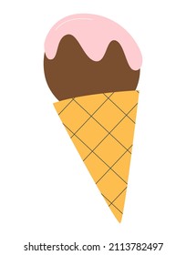 One scoop of chocolate ice cream with pink topping in a waffle cone. Isolated, on a white background. Flat vector.