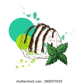 one scoop of ice cream with mint flavor. Vector sketch of one ice cream ball with sauce, mint leaves, colorful watercolor splashes isolated on white. hand drawn sundae for label or logo design concept