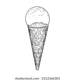 One scoop of ice cream sketch. Ice cream in waffle cone isolated on white background. Frozen dessert. Black and white gelato drawing with hatching.