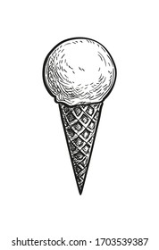 One scoop of ice cream in a waffle cone. Ink sketch isolated on white background. Hand drawn vector illustration. Retro style.