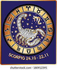 One Scorpio  and symbols of all zodiac signs Horoscope circle.Golden and white figure on blue background.Graphic Vector Illustration in retro style.