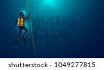 One scuba diver underwater. Back view. Diver look on big logo diving club underwater. Diver dives to the bottom of the sea, holding the rope, The sun's rays underwater. Scuba diving background.