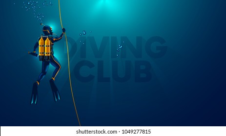 One scuba diver underwater. Back view. Diver look on big logo diving club underwater. Diver dives to the bottom of the sea, holding the rope, The sun's rays underwater. Scuba diving background.