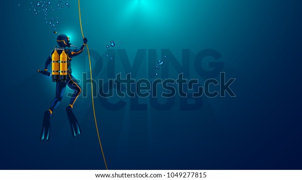 One scuba diver underwater. Back view. Diver\
look on big logo diving club underwater. Diver dives to the bottom\
of the sea, holding the rope, The sun\'s rays underwater. Scuba\
diving background.