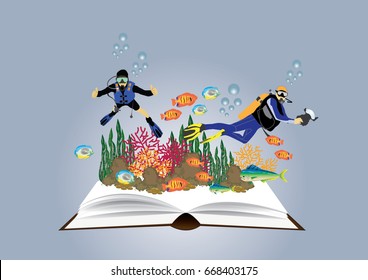 one scuba diver and one underwater photograher swimming over the live coral reef with fishes out of book, A vector illustration of a scuba diver diving in the ocean