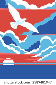 One seagull flying on top of the sea. Gull soar. Seagull spread wings. Ocean background with sunset and clouds. Vector graceful gull. Elegant single bird soaring. Graphic seagull for your design.