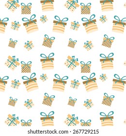 One seamless pattern with gifts with stripes, hearts and bows