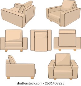one seater brown sofa. Vector images are produced from the auto tracing process. View from Perspective, front, top, side, back