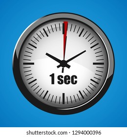 One Second Clock on blue background. Clock 3d icon. Stopwatch icon. Vector illustration EPS 10.