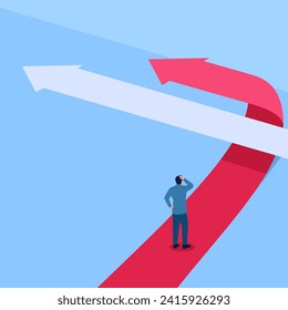 one sees an arrow turning to follow another arrow, a metaphor for business disruption. Simple flat conceptual illustration.