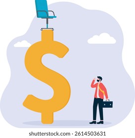 one sees a high chair atop a pile of coins, a metaphor for the corruption of office. Simple flat conceptual illustration.

