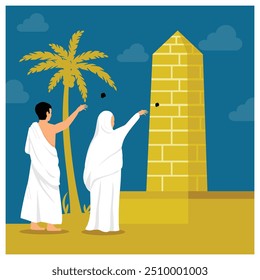 One of the series of Hajj pilgrimages. A pair of Muslim pilgrims throw stones at the walls of the Jamaraat. Islamic Hajj Pilgrimage concept. Flat vector illustration.