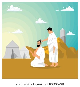 Uma das séries de peregrinações do Hajj é Tahallul. Os peregrinos do Hajj depilam suas cabeças. Conceito islâmico do Hajj. Ilustração de vetor plano.