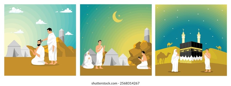 One of the series of Hajj pilgrimages is Tahallul. Hajj pilgrims perform wukuf. Hajj pilgrims slaughter sacrificial animals in obedience to Allah. Islamic Hajj concept. Set flat vector illustration.