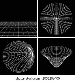 un conjunto de cuadrícula 3d en blanco y negro, paisaje simple, cuadrícula circular y túnel vertical horizontal. Para diseño digital y de impresión.
