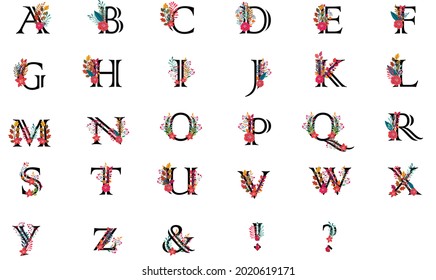one set autumn alphabet with flower and leaves - Set of alphabet, red autumn leaves for discounts, promo ads, posters and concepts.