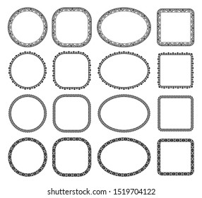 one set of black retro style frames from alloy lines and dots or circles, classic frames, vintage frames with white isolated backgrounds.