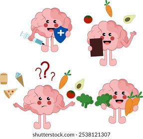 un conjunto de personajes del cerebro que sostienen y comen alimentos saludables, dieta, saludable vs insalubre, concepto de sistema inmunológico, carácter del cerebro que sostiene el brócoli y la zanahoria