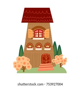 One of set of cute cartoon houses in childlike style. Sweet home. Lovely background with a cozy house