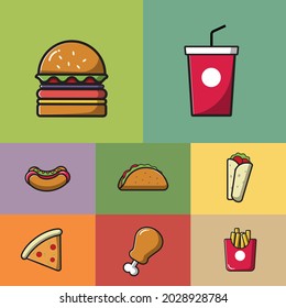 one set junk food flat Vector Icon Illustration. hamburger, pizza, drink, french fries, sandwich, hot dog, fried chicken, kebab, Icon Concept Isolated Premium Vector. Flat Cartoon Style