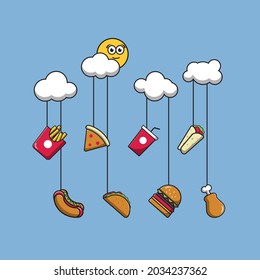 one set junk food flat Vector Icon Illustration.  fast food with cloud and sun.