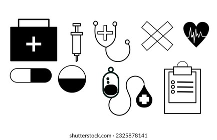 un conjunto de vectores de iconos médicos. incluyen bolsos médicos, medicación, sangre, papel, etc.