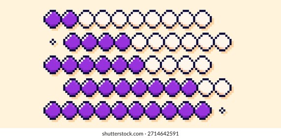 Um conjunto de barras de carga de jogo roxo pixel. 
