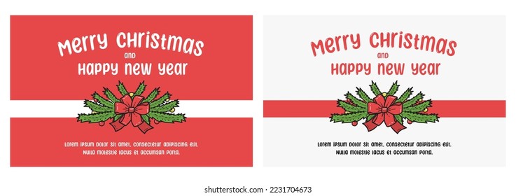 One set Red ribbon Merry Christmas illustration Greeting Card Vector poster, banner