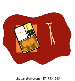 One set of rice box and chopstick on red background. Food issue.  