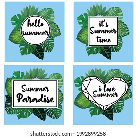 one set summer tropical leaves frame vector. hello summer frame, summer paradise frame, its summer time, i love  . 