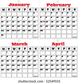 One in a set of three calender pages for 2011 on a white background.