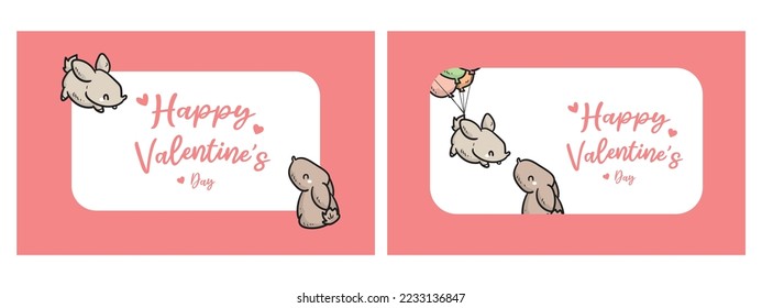 One set Valentine's day concept design . Rabbits couple Vector illustration. Flat pink hearts with frame on background. Cute love sale banners or greeting cards
