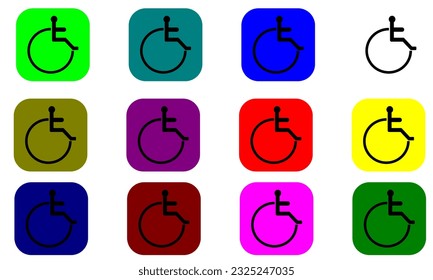 one set of whell chair disabled. Wheel chair, disabled parking or accessibility or access sign flat blue vector icon for application and print. Replaceable vector design.