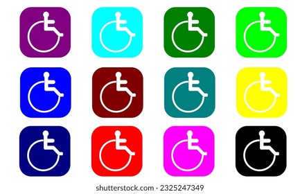 one set of whell chair disabled. Wheel chair, disabled parking or accessibility or access sign flat blue vector icon for application and print. Replaceable vector design.
