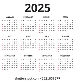 Uma folha 2025 calendário de língua inglesa isolado em um fundo branco