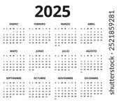 One sheet 2025 spanish language calendar isolated on a white background