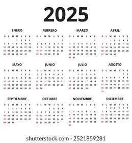 One sheet 2025 spanish language calendar isolated on a white background