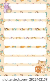 One sheet blank memo in animal series food pattern with Hippo bring birthday cake and cat bring waffle in yellow background 