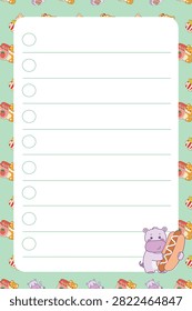 One sheet blank memo in animal series food pattern with hippo bring hot dog in green background 