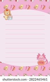 One sheet blank memo in animal series food pattern with lion bring birthday cake and axolotl bring Cherry pie in pink background 