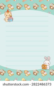 One sheet blank memo in animal series food pattern with cat bring birthday cake and bunny bring waffle in green background 
