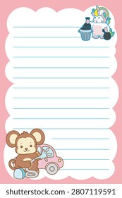One sheet of notes with chores theme and two characters with monkey and unicorn with car wash and garbage activities 