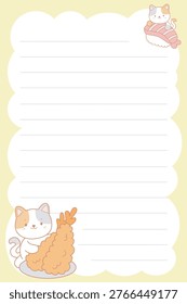 One sheet of sticky notes with cute cat character in the various of japanese food collection