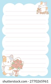 One sheet of sticky notes with cute cat character with variation of spring drawing bring the bouquet of flowers