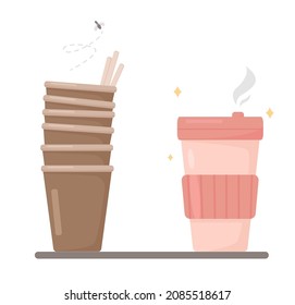 One shot paper cups vs reausable eco cup. Alternative zero waste cup for beverages. Less pollutionfrom everyday habits.