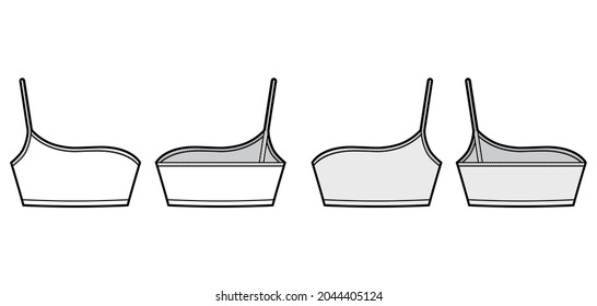 One shoulder bralette Bustier top technical fashion illustration with cropped length, spaghetti strap. Flat bra swimwear lingerie template front, back, white grey color. Women men underwear CAD mockup