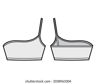 Ilustración técnica de moda de la parte superior de la morena de un hombro con longitud recortada, correa de espagueti. Plano plano de lencería de ropa de baño frente, espalda, color gris estilo. Mujeres hombres unisex ropa interior maquillaje CAD