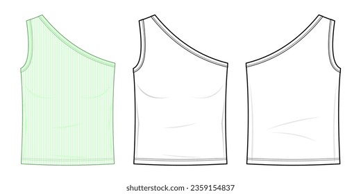 One Shoulder Camisole top technical fashion illustration. Camisole fashion flat technical drawing template, Round neckline, Slim fit, Slip-on style, front, and back view, white, women, CAD mockup set.