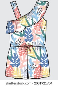 ONE SHOULDER FRILL TRPICAL PRINT PLAYSUIT  FOR KID GIRLS AND TEEN GIRLS IN EDITABLE VECTOR FILE